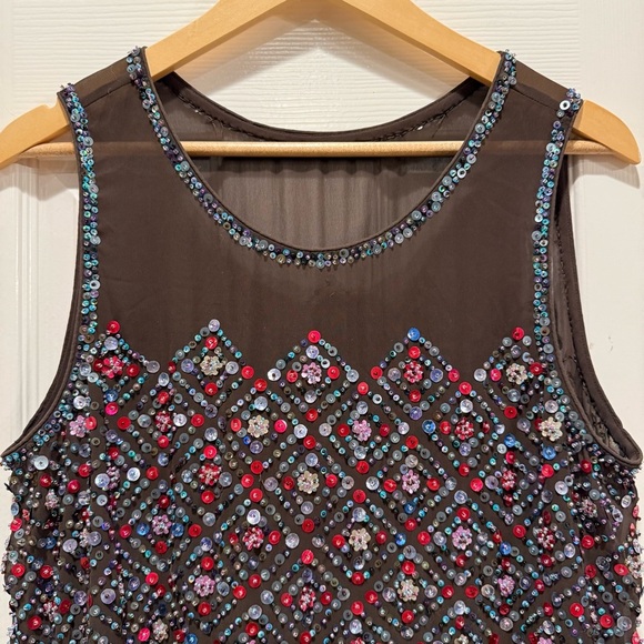 Anthropologie Carnation Lilly Blouse Women’s L Brown Sequin Beaded Sheer Boho - Picture 4 of 12